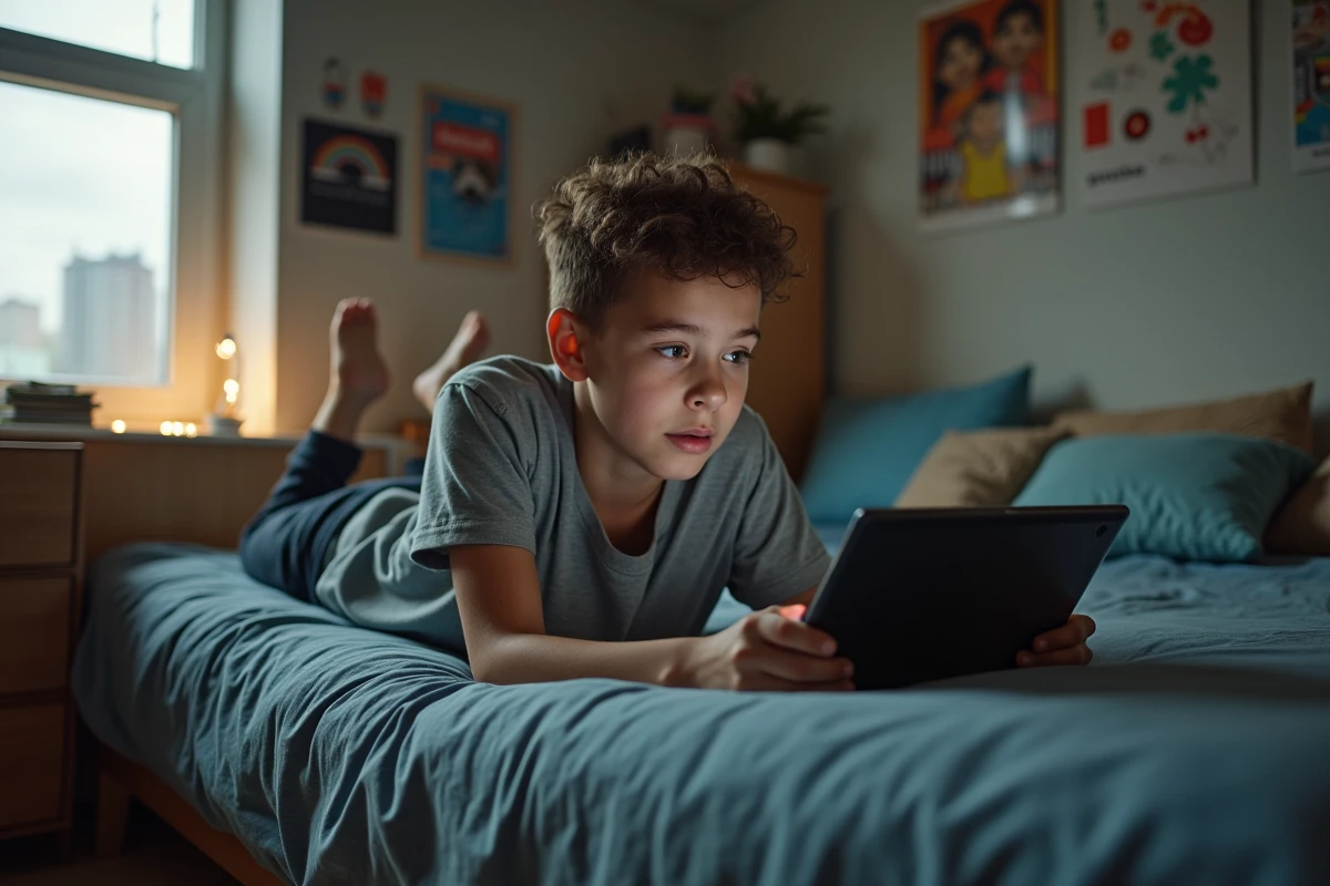 Adolescent regardant une tablette dans une chambre moderne et ordonnee