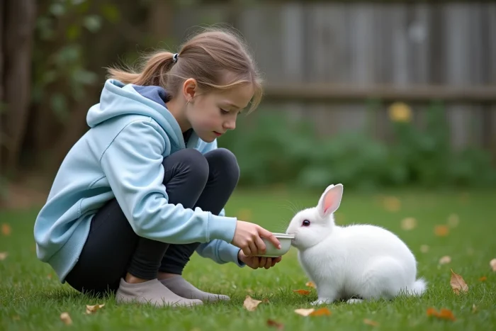 Adolescente donnant de l'eau à son lapin blanc dans un jardin, entretien et bien-être des animaux de compagnie