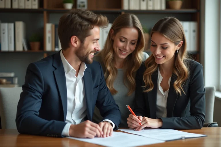 Agent immobilier accueillant un couple dans un bureau moderne