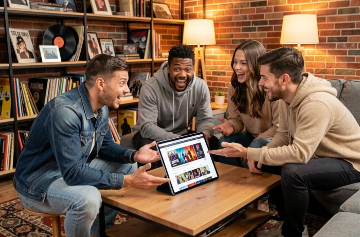 Groupe d'amis découvrant ensemble les dernières actualités cinéma et pop culture sur une tablette