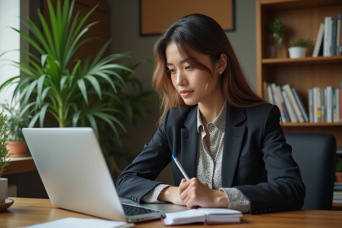 Jeune femme analysant des données dans un bureau chaleureux