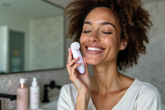 Femme utilisant une brosse nettoyante électrique dans une salle de bain moderne, soin du visage avec des produits beauté innovants