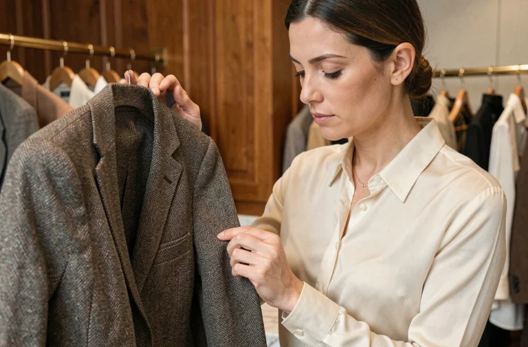 Femme examinant la qualité d'un blazer en laine dans une boutique haut de gamme