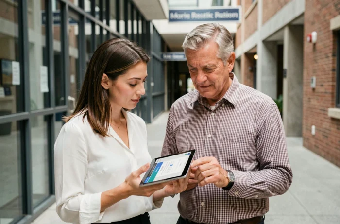 Deux collègues du CNRS consultant ensemble le portail Agate Congés sur une tablette dans un couloir institutionnel