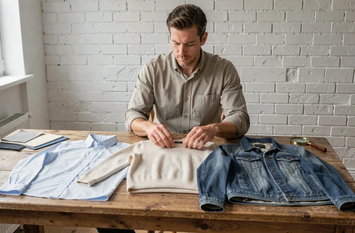 Homme comparant des vêtements de qualité supérieure sur une table en bois