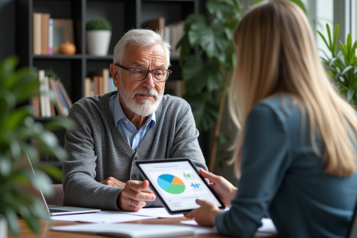 Conseillère et senior discutent de plans de retraite en bureau