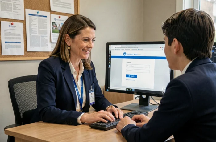 Conseillère universitaire aidant un étudiant à se connecter au guide Cristolink de l'UPEC