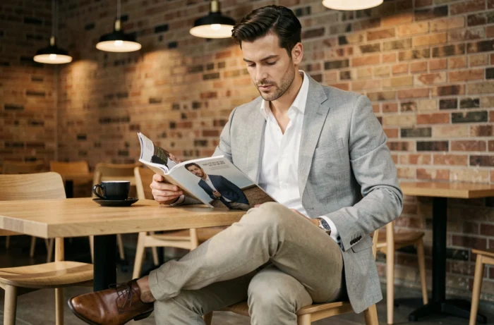 Homme élégant en blazer lin gris non structuré dans un café tendance, conseils style mode masculine décontractée