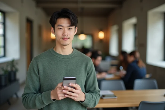 Jeune professionnel consultant un bulletin de salaire Arkevia sur smartphone dans un espace de coworking