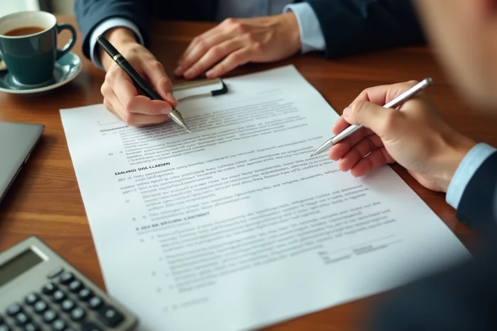 Contrat de travail avec clauses de salaire posé sur un bureau avec calculatrice et stylo