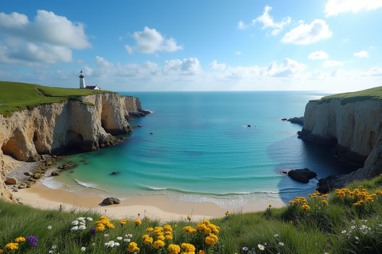 côte rocheuse en Bretagne à marée basse avec falaises et phare