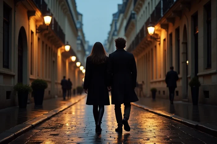 Couple anonyme marchant main dans la main sur les pavés mouillés de Paris, symbole d'une relation amoureuse jalousement gardée secrète