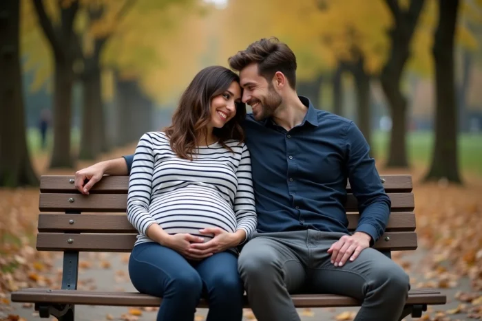 Couple attendant un bébé assis sur un banc dans un jardin parisien en automne