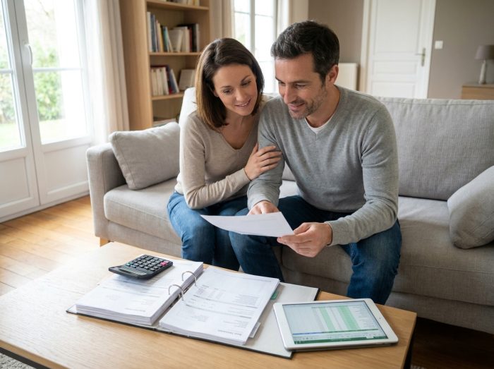 Couple en train d'examiner ensemble des documents pour un regroupement de prêts dans leur salon
