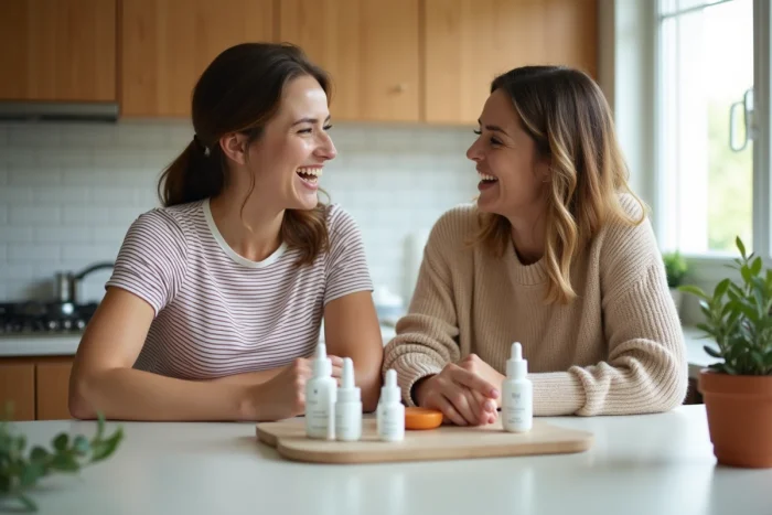 Deux femmes découvrant ensemble des produits de beauté innovants sur un ilot de cuisine, partage de conseils beauté et routine soin quotidienne