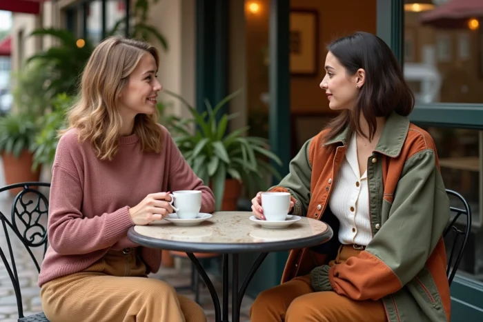 Deux femmes en tenues mode écoresponsables — cardigan en laine recyclée et veste patchwork upcyclée — attablées en terrasse de café, look tendance et durable