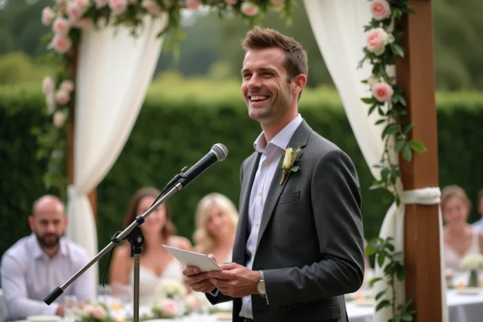 Un invité souriant délivre un discours minuté devant les mariés et les convives lors d'une réception en jardin fleuri