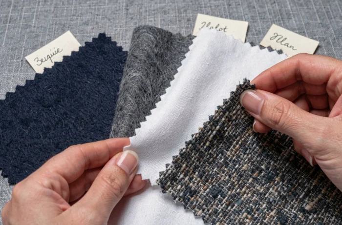 Gros plan sur des échantillons de tissus de qualité supérieure disposés sur une surface en lin gris