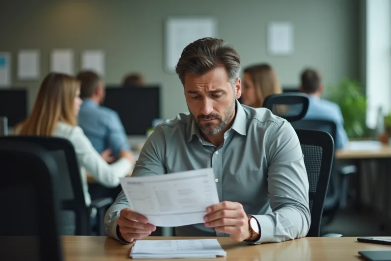 Employé inquiet regardant sa fiche de paie après une baisse de salaire au bureau