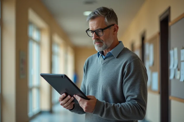 Enseignant consultant sa messagerie académique sur une tablette dans un couloir d'école