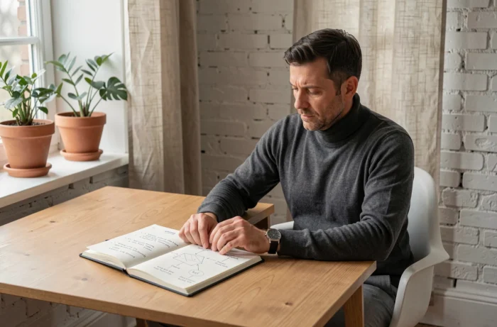 Entrepreneur masculin concentré prenant des notes dans un bureau à domicile minimaliste, planifiant pour surmonter ses peurs professionnelles