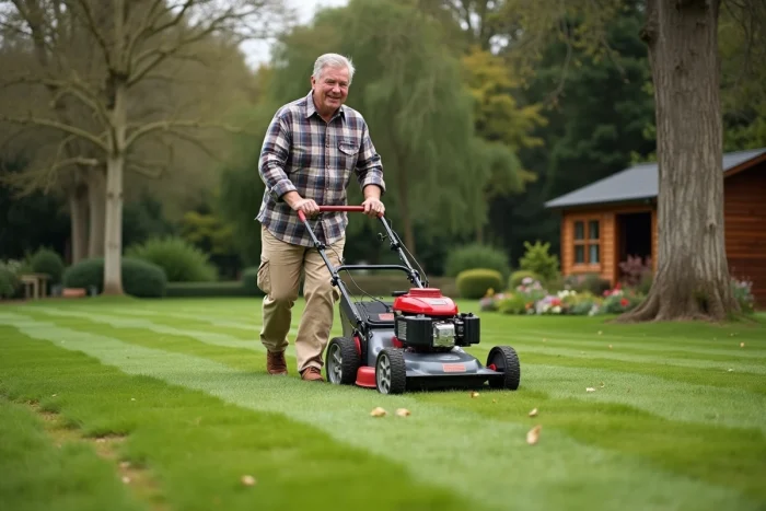 Homme utilisant une tondeuse à gazon thermique pour entretenir une grande pelouse dans un jardin résidentiel avec des arbres en arrière-plan