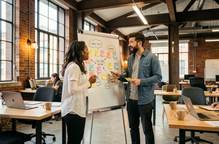 Équipe d'entrepreneurs en réunion devant un tableau blanc dans un bureau de startup, collaborant pour surmonter leurs peurs et innover