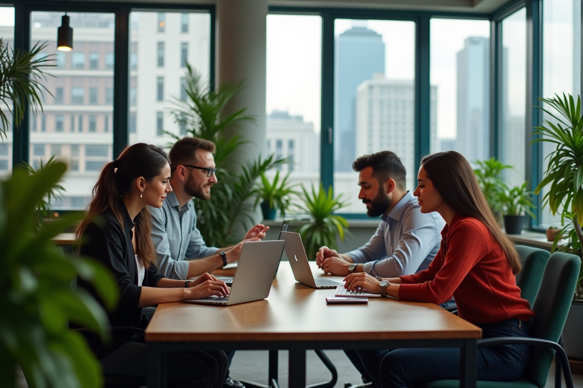 Groupe divers de travailleurs collaborant dans un espace de coworking lumineux
