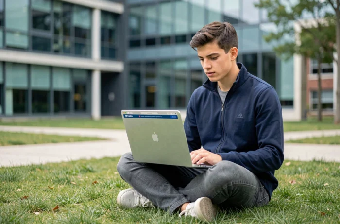 Étudiant utilisant Cristolink UPEC en extérieur sur le campus universitaire