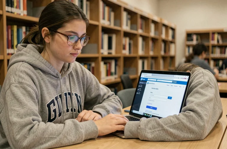 Étudiante connectée à un portail universitaire en ligne depuis la bibliothèque de l'UPEC