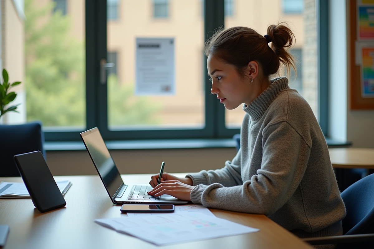 Etudiante universitaire utilisant des applications numériques
