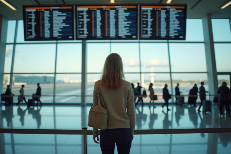 Femme d'âge moyen dans un aéroport regardant le tableau des départs