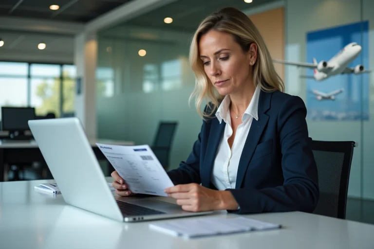 Femme d affaires regardant un e-ticket Air France au bureau