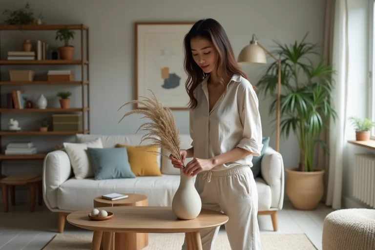 Jeune femme arrangeant des pampas dans un vase en living