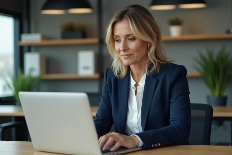Femme professionnelle consultant ses bulletins de salaire en ligne sur un ordinateur portable au bureau