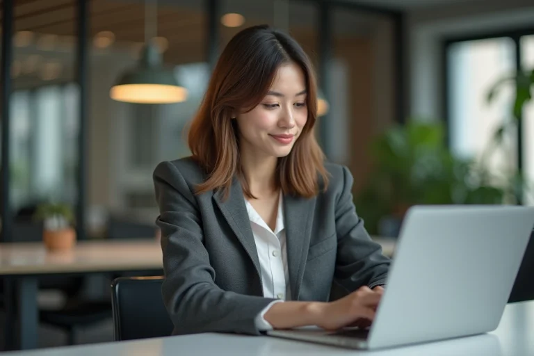 Jeune femme au bureau avec ordinateur portable