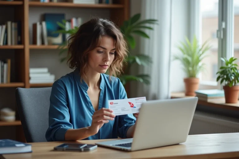 Femme au bureau avec ticket Turquie et ordinateur