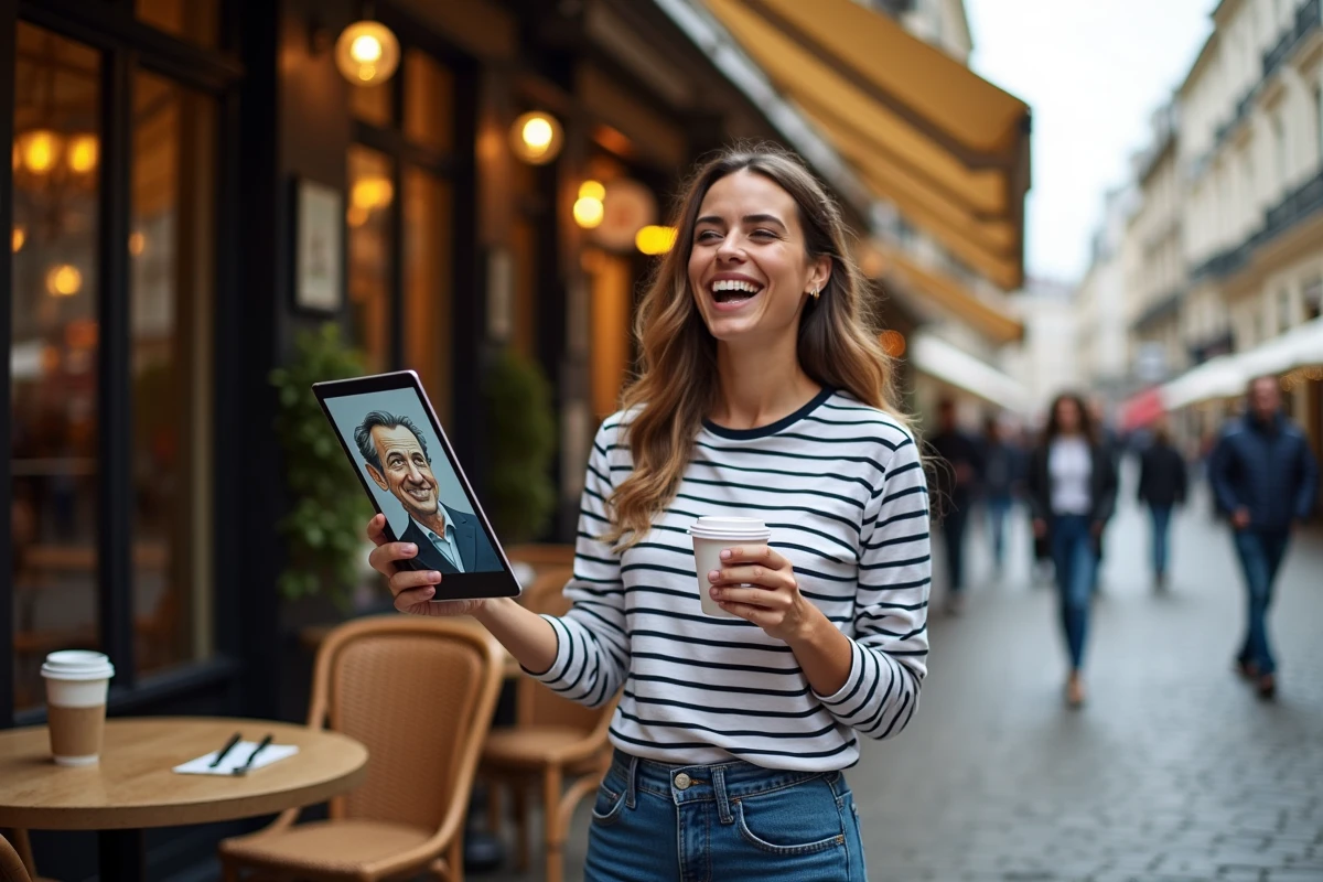 Jeune femme partageant une caricature politique dans un café parisien