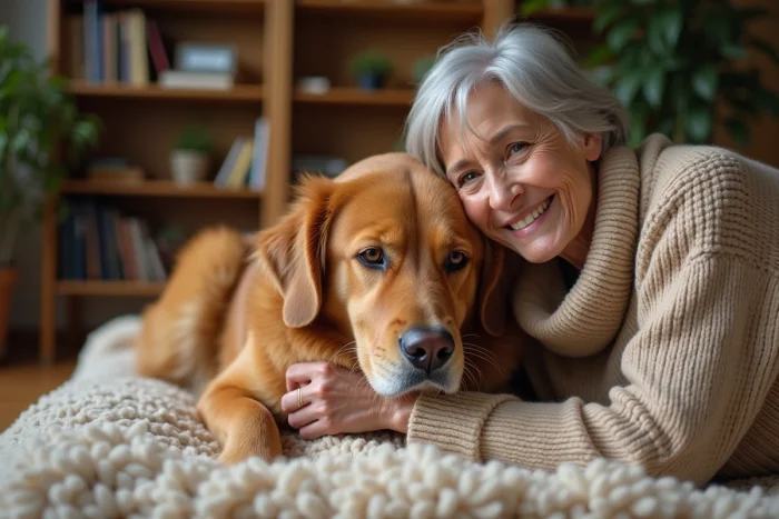 Femme âgée caressant son chien golden retriever senior allongé sur une couverture dans un salon chaleureux