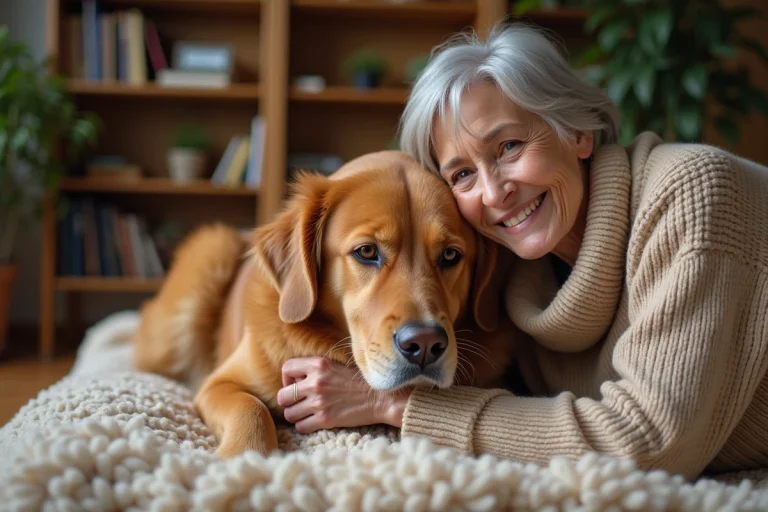 Femme âgée caressant son chien golden retriever senior allongé sur une couverture dans un salon chaleureux
