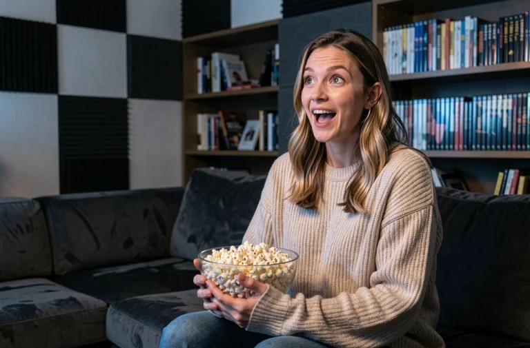 Femme enthousiaste regardant un film dans une salle de cinéma maison moderne avec pop-corn