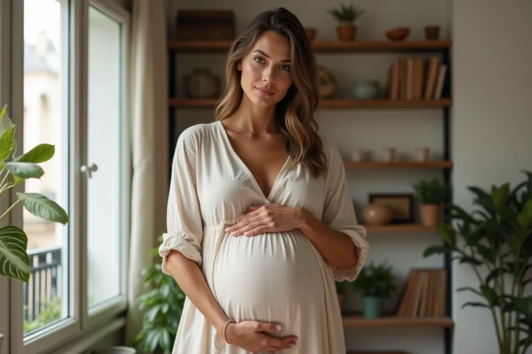 Femme enceinte en robe de lin tenant son ventre arrondi dans un appartement parisien lumineux