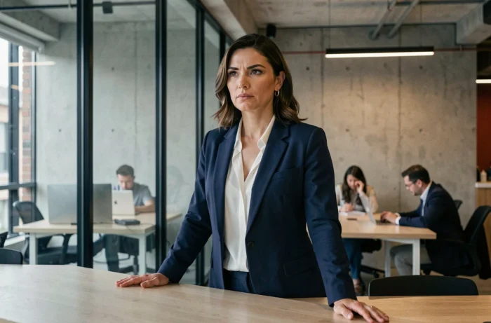 Femme entrepreneure déterminée debout dans un espace de coworking moderne, surmontant ses peurs pour réussir en affaires
