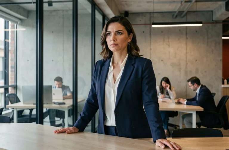 Femme entrepreneure déterminée debout dans un espace de coworking moderne, surmontant ses peurs pour réussir en affaires