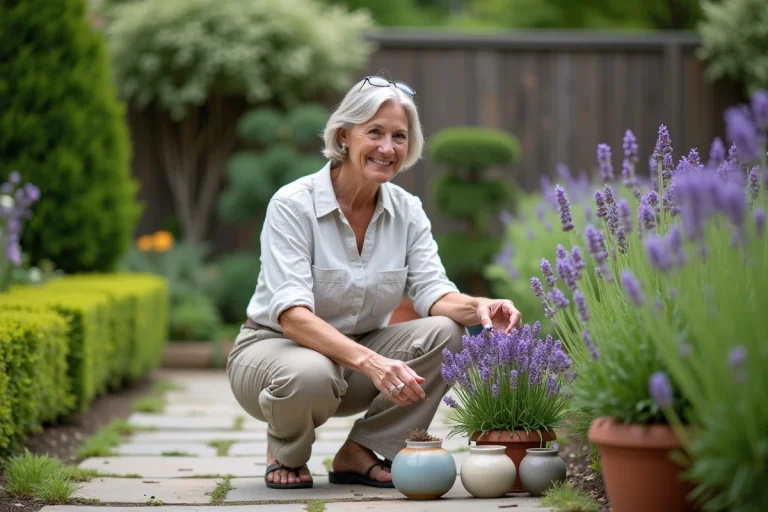 Femme arrangeant des pots de lavande dans son jardin
