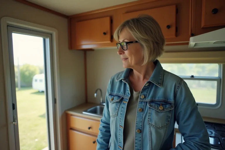 Femme lisant une plaque d'identification dans sa caravane