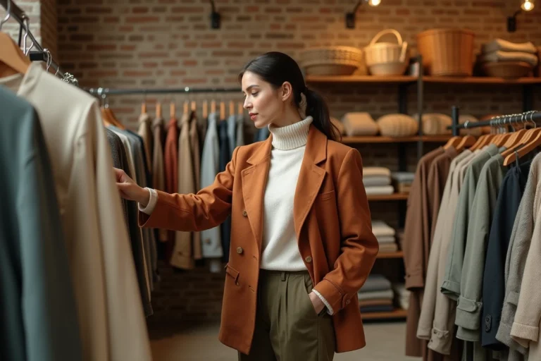 Femme portant un blazer en lin terracotta et un pantalon large olive dans une boutique vintage aux murs en brique, illustrant la mode responsable et les tendances saison