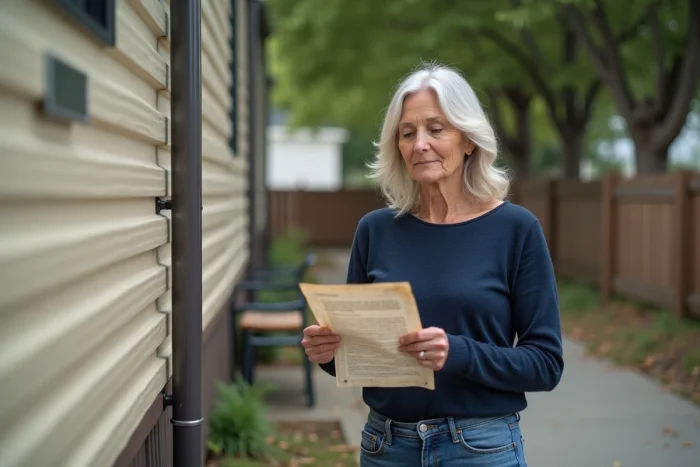 Femme comparant un document papier à la plaque d'identification d'un mobil-home pour trouver l'année de fabrication