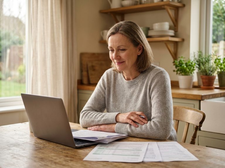 Femme de 40 ans soulagée en train de consulter ses documents de rachat de crédits à la table de sa cuisine