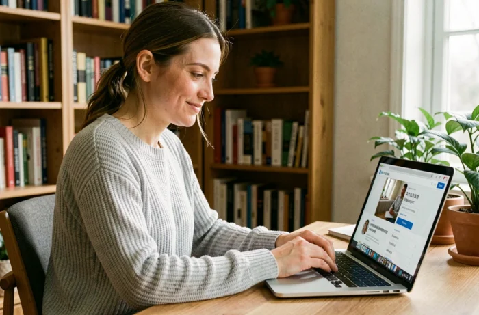 Femme cherchant des offres d'emploi locales sur un ordinateur portable dans un bureau à domicile